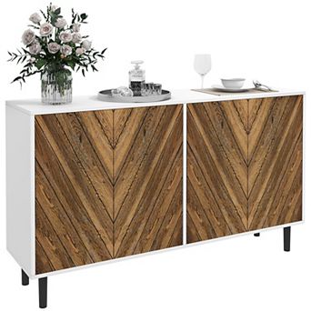 Homcom Sideboard Buffet Cabinet With Chevron Doors Pine Wood Legs Brown
