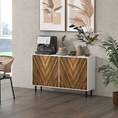 Homcom Sideboard Buffet Cabinet With Chevron Doors Pine Wood Legs Brown