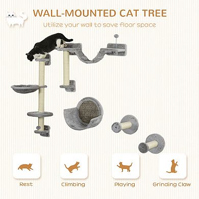5pcs Cat Wall Shelves With Hammock, Perches, Ladder, Scratching Post