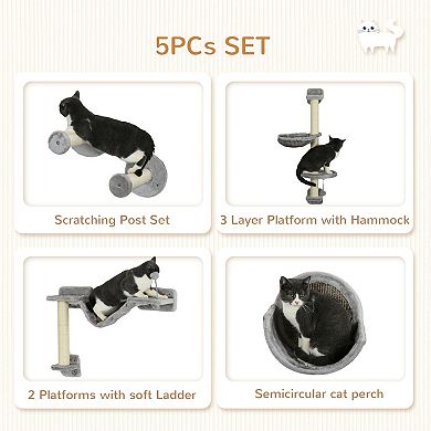 5pcs Cat Wall Shelves With Hammock, Perches, Ladder, Scratching Post