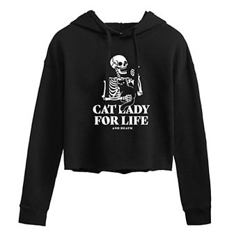 Juniors' Cat Lady For Life Skeleton Cropped Hoodie