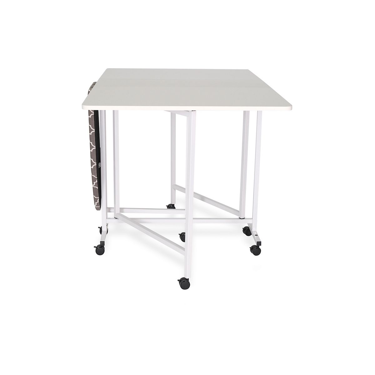 Millie cutting and ironing table in white with grey tabletop and casters