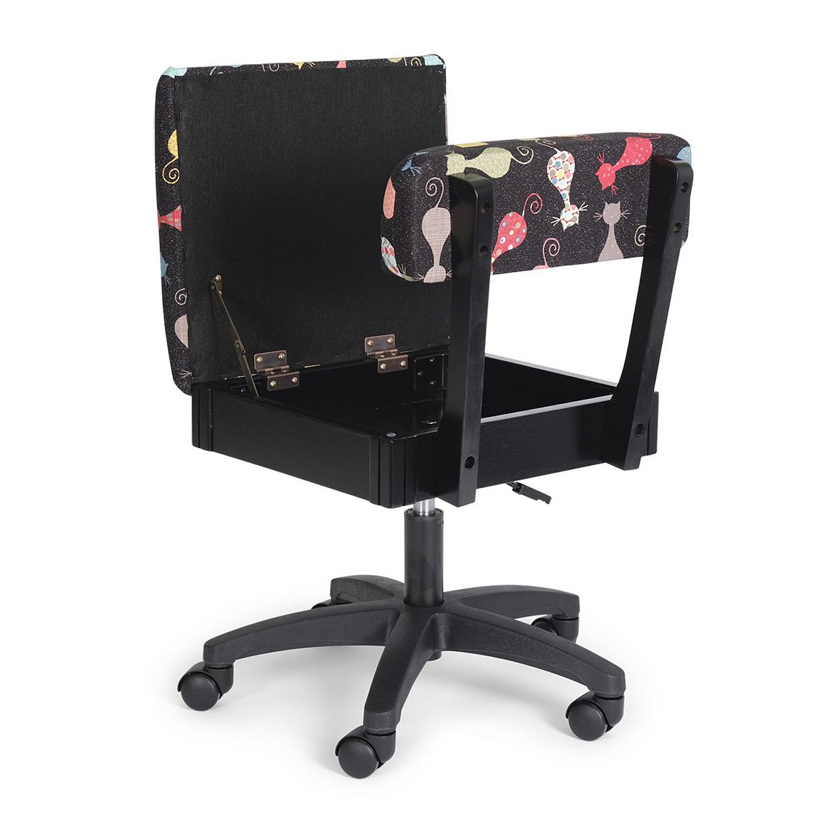 Open storage compartment under seat of sewing chair