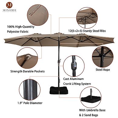 Mondawe 15ft Large Patio Umbrella with Base, Outdoor Double-Sided Umbrella with Crank Handle