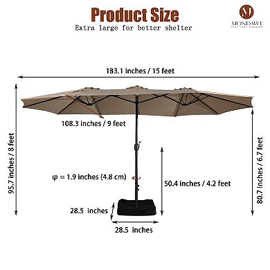 Mondawe 15ft Large Patio Umbrella with Base, Outdoor Double-Sided Umbrella with Crank Handle
