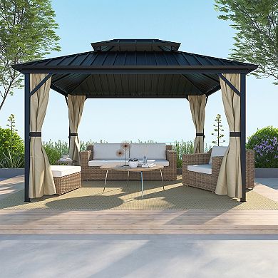 Mondawe 10 X 12 Ft Hardtop Iron Outdoor Patio Gazebo With Included Curtains