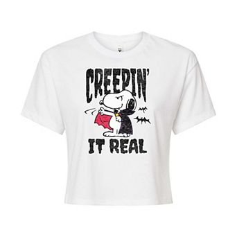 Juniors' Peanuts Snoopy Creepin' It Real Halloween Cropped Tee