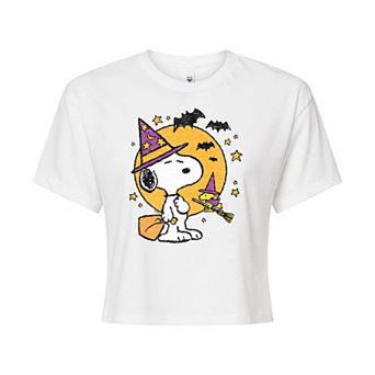 Juniors' Peanuts Snoopy & Woodstock Halloween Cropped Tee