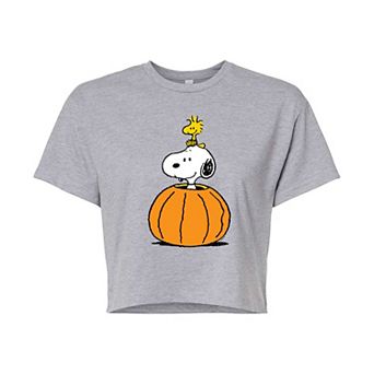 Juniors' Peanuts Snoopy & Woodstock Pumpkin Cropped Tee