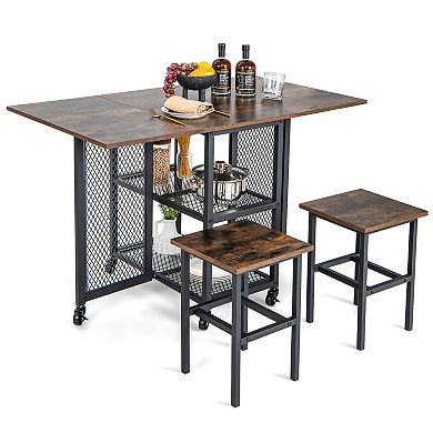 Drop Leaf Expandable Dining Table Set With Lockable Wheels-Brown