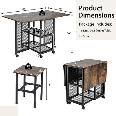 Drop Leaf Expandable Dining Table Set With Lockable Wheels-Brown