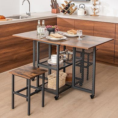Drop Leaf Expandable Dining Table Set With Lockable Wheels-Brown