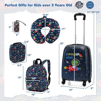 5 Piece Kids Luggage Set With Backpack Neck Pillow Name Tag Lunch Bag