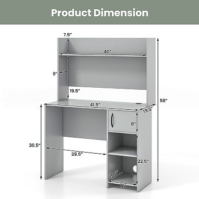 Home Office Desk With Raised Display Shelf And 2 Open Shelves-Grey