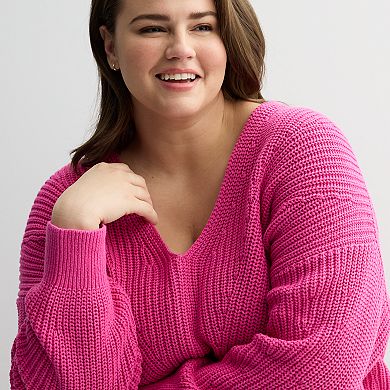 Plus Size Sonoma Goods For Life Mixed Stitch V-Neck Sweater