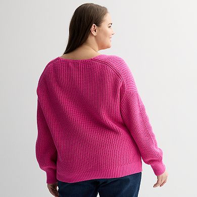Plus Size Sonoma Goods For Life Mixed Stitch V-Neck Sweater