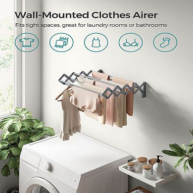 Wall-mounted Clothes Drying Rack With 9 Staggered Hanging Rods, Expandable And Retractable