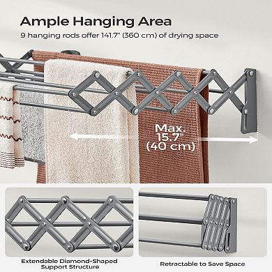 Wall-mounted Clothes Drying Rack With 9 Staggered Hanging Rods, Expandable And Retractable