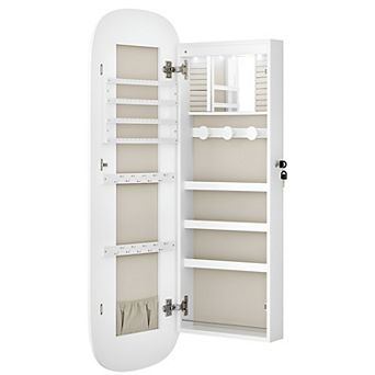 Led Jewelry Cabinet Wall-door Mounted, Lockable Rounded Wide Mirror With Storage