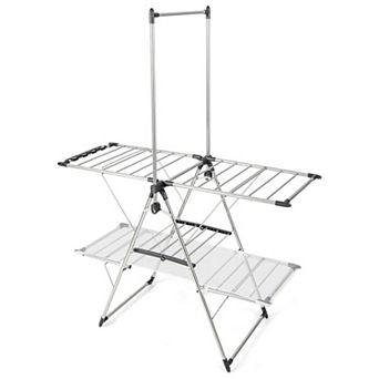 Foldable Clothes Drying Rack with Multi Level Shelves and Tall Hanging Bar for Laundry