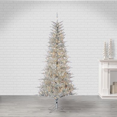 Gerson Elegant 7.5-ft. Silver Tuscany Tinsel Tree with Warm White LED Lights