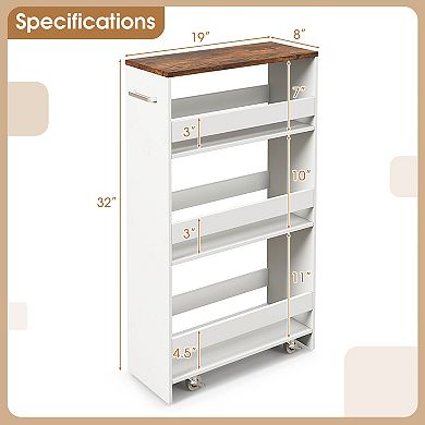 4-Tier Rolling Storage Cart Slim Kitchen Cart on Wheels with Open Shelves and Handle