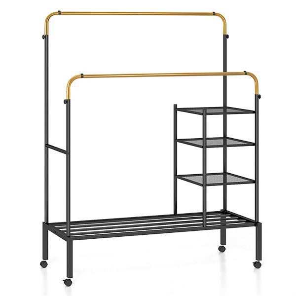 Rolling Double Rods Garment Rack With Height Adjustable Hanging Bars