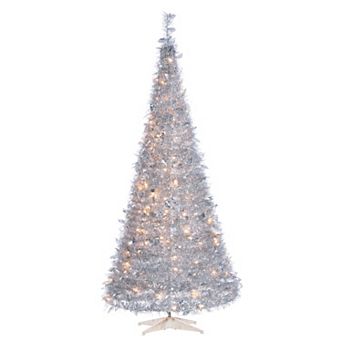 Gerson 7.5-ft. Pre-Lit Warm White LED Pop Up Silver Tinsel Christmas Tree