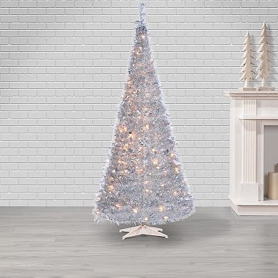 Gerson 7.5-ft. Pre-Lit Warm White LED Pop Up Silver Tinsel Christmas Tree