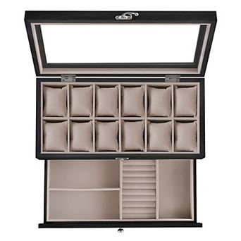 2 tier 12-slot Solid Wood Watch Box With Pillows, Glass Lid, For Men