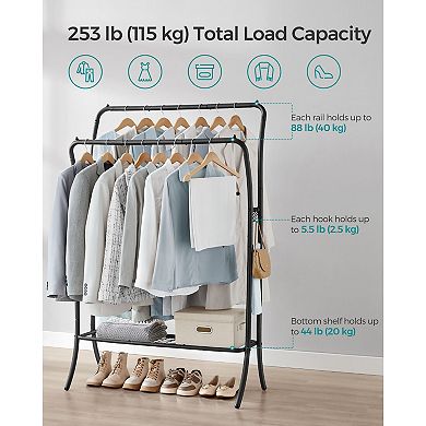 Heavy Duty Garment Rack, Clothes Rack With Shelfs, Double Rod And 6 Hooks