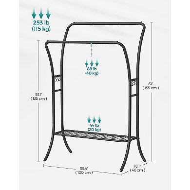 Heavy Duty Garment Rack, Clothes Rack With Shelfs, Double Rod And 6 Hooks