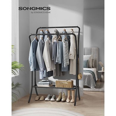Heavy Duty Garment Rack, Clothes Rack With Shelfs, Double Rod And 6 Hooks