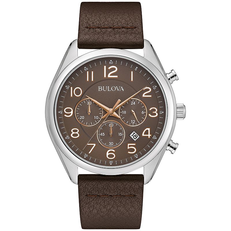 Bulova Men's Classic Stainless Steel Brown Dial Chronograph Leather Strap Watch - 96B365, Size: 44MM