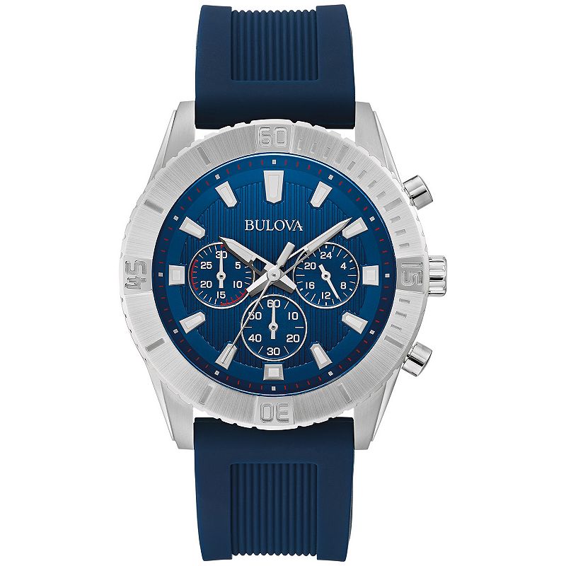 Bulova Men's Wilton Stainless Steel Blue Chrononograph Dial Silicone Strap Watch - 96A260, Size: 43MM