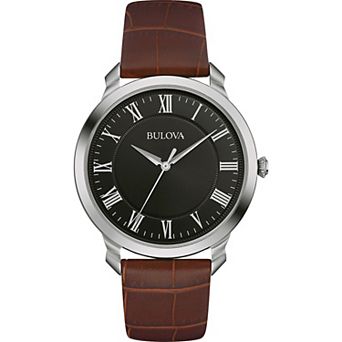 Bulova Men's Classic Stainless Steel Black Dial Roman Accents Brown Leather Strap Watch - 96A184