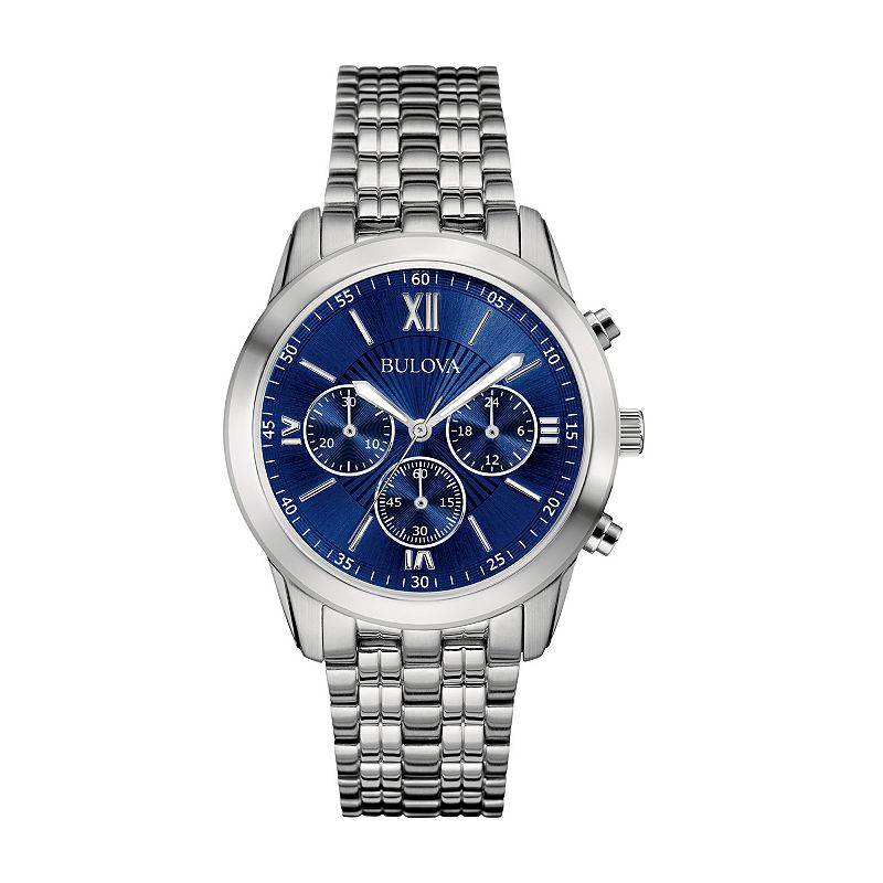 Bulova Men's Classic Stainless Steel Blue Dial Chrononograph Bracelet Watch - 96A174, Size: 40 mm, Gold Silver