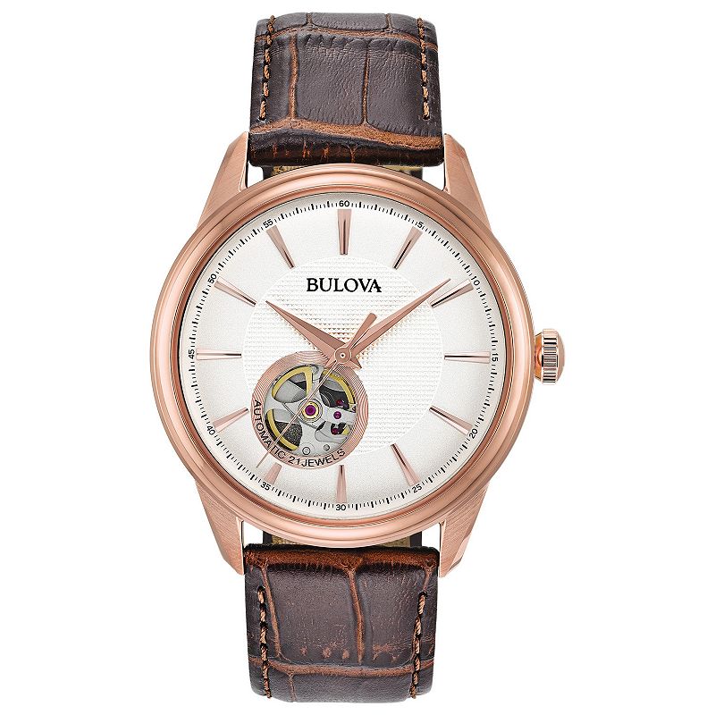 Bulova Men's Rose Gold Tone Stainless Steel Open Aperture Leather Strap Automatic Watch - 97A133, Size: 41MM, Brown