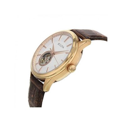 Bulova Men's Automatic Rose Gold Tone Stainless Steel Open Aperture Brown Leather Strap Watch