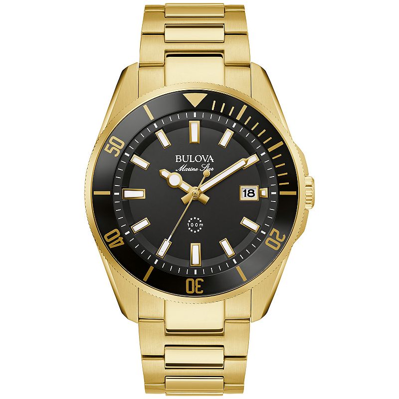 Bulova Men's Marine Star Gold Tone Stainless Steel Black Dial Bracelet Watch - 98B396, Size: 43MM