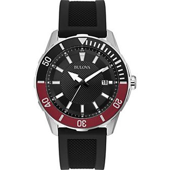 Bulova Men's Diver Stainless Steel Black and Red Bezel Black Rubber Strap Watch - 98B348