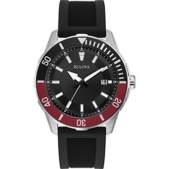 Bulova Men's Diver Stainless Steel Black and Red Bezel Black Rubber Strap Watch - 98B348