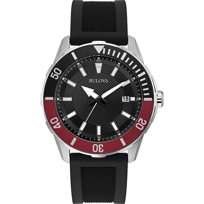 Bulova Men's Diver Stainless Steel Black and Red Bezel Black Rubber Strap Watch - 98B348, Size: 44MM