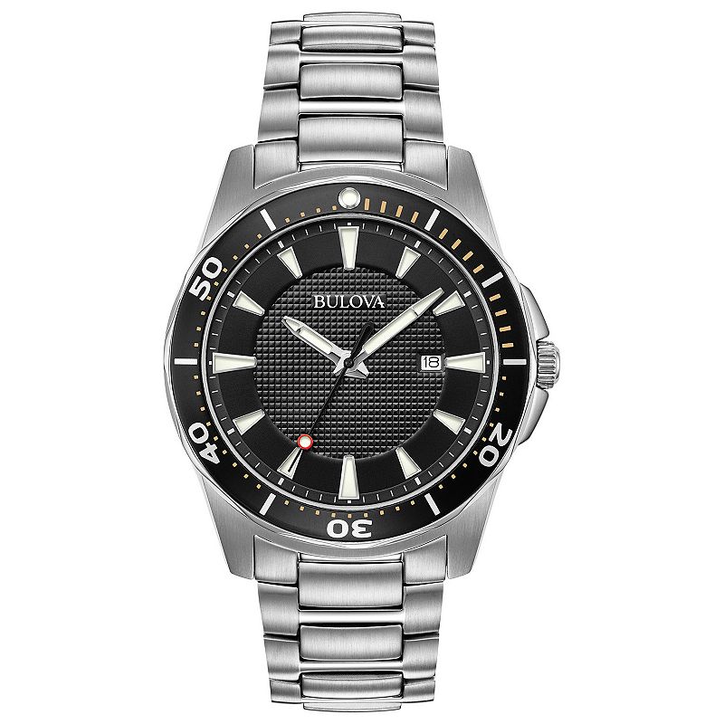 Bulova Men's Classic Sport Stainless Steel Black Dial and Bezel Bracelet Watch - 98B328, Size: 44MM, Gold Silver