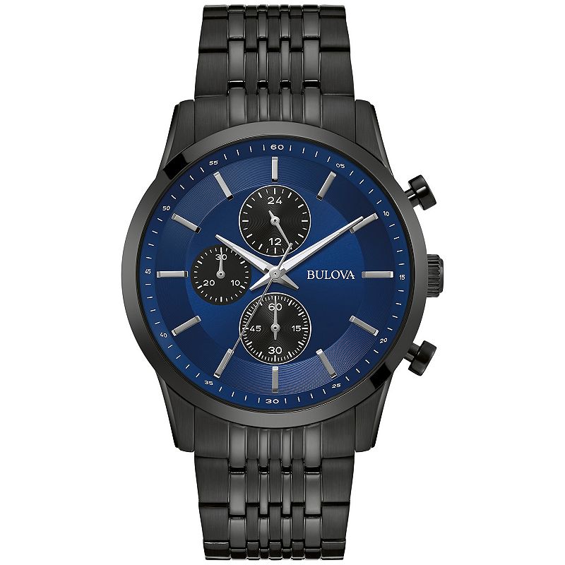Bulova Men's Classic Black Ion-Plated Stainless Steel Blue Chronograph Dial Bracelet Watch - 98A300, Size: 42MM
