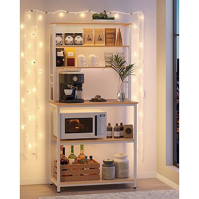 Baker's Rack, Microwave Oven Stand, Kitchen Tall Utility Storage Shelf, 6 Hooks And Metal Frame