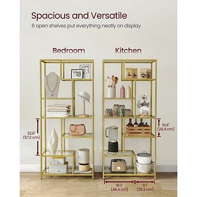 6-tier Tall Bookcase, Display Shelf, Tempered Glass Shelves