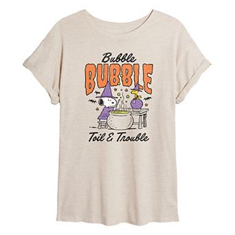 Juniors' Peanuts Snoopy & Woodstock Bubble Bubble Toil Trouble Oversized Tee