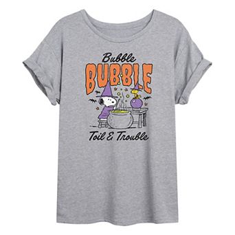 Juniors' Peanuts Snoopy & Woodstock Bubble Bubble Toil Trouble Oversized Tee