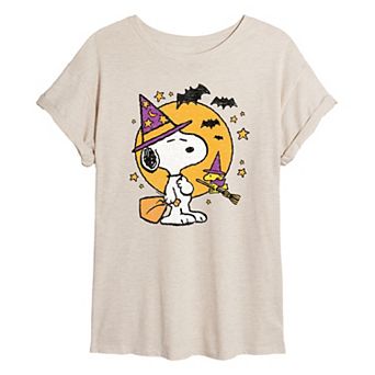Juniors' Peanuts Snoopy & Woodstock Halloween Oversized Tee